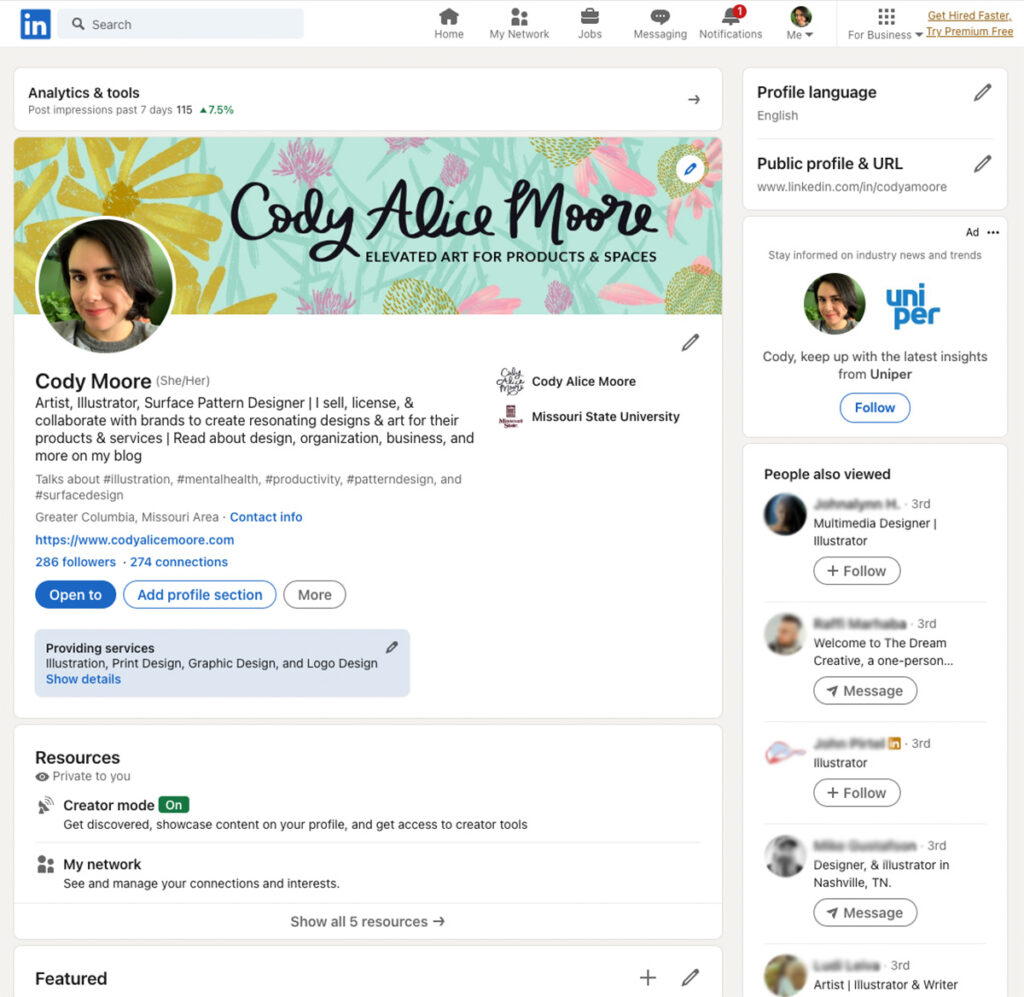 Surface Designer Cody Moore's LinkedIn profile | LinkedIn for Surface Designers and Illustrators | Sketch Design Repeat